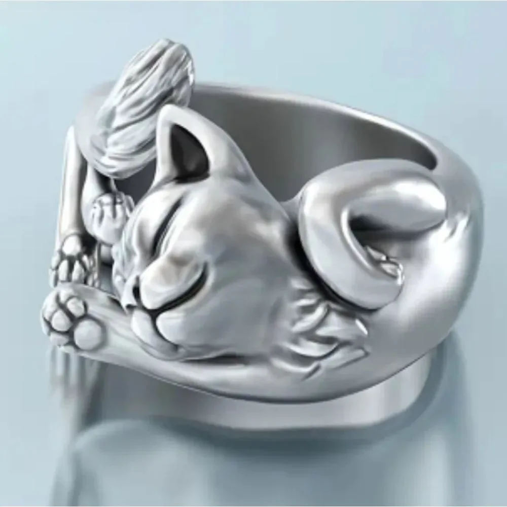 Adults Vintage unique kitty totem finger ring